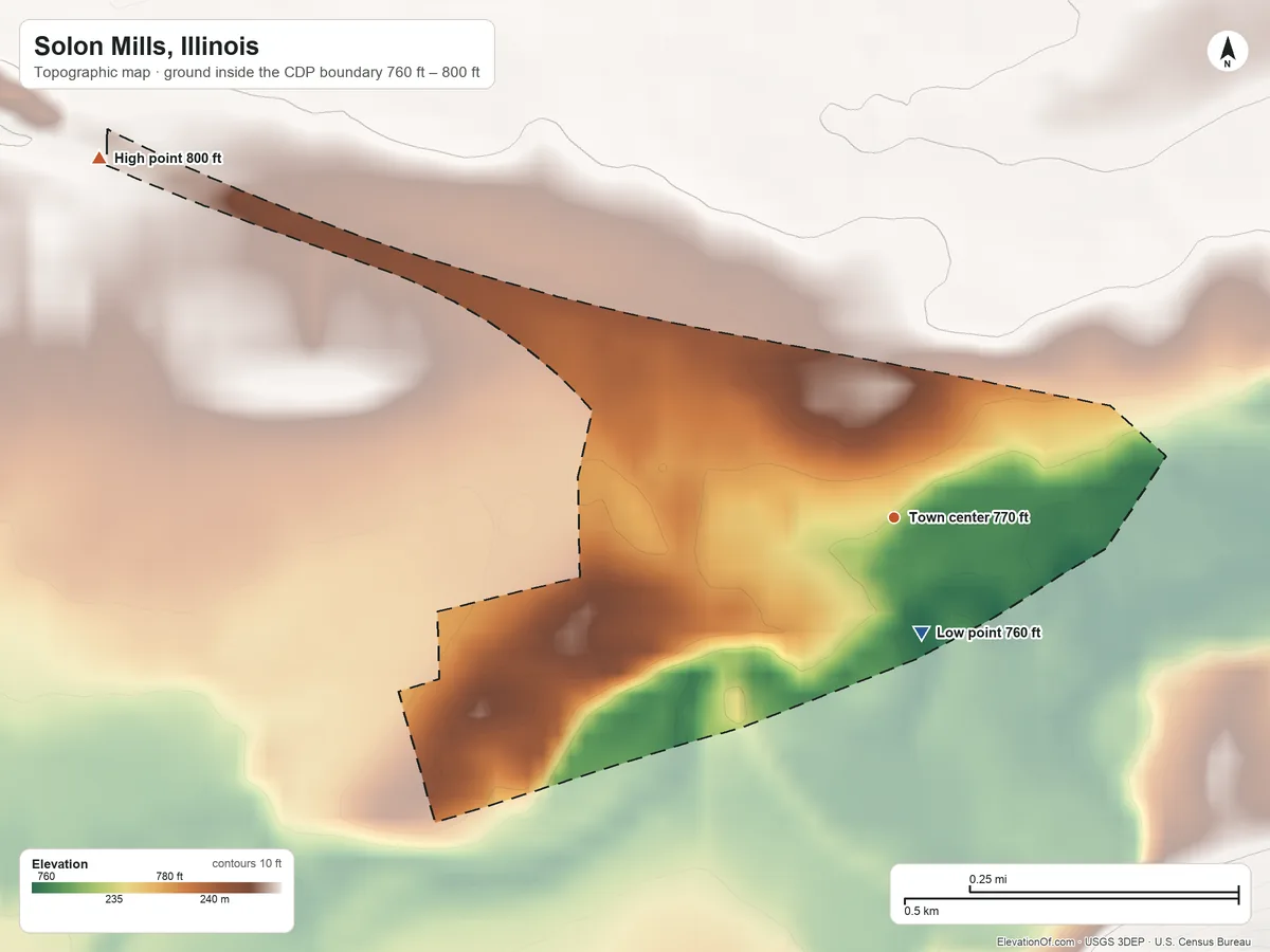 Topographic elevation map of Solon Mills, Illinois, shaded from 760 ft near the middle to 800 ft on the northwest side