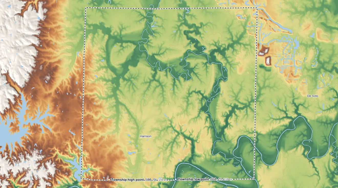 Topographic elevation map of Somerset Township, Illinois, shaded from 360 ft on the southeast side to 500 ft on the southwest side