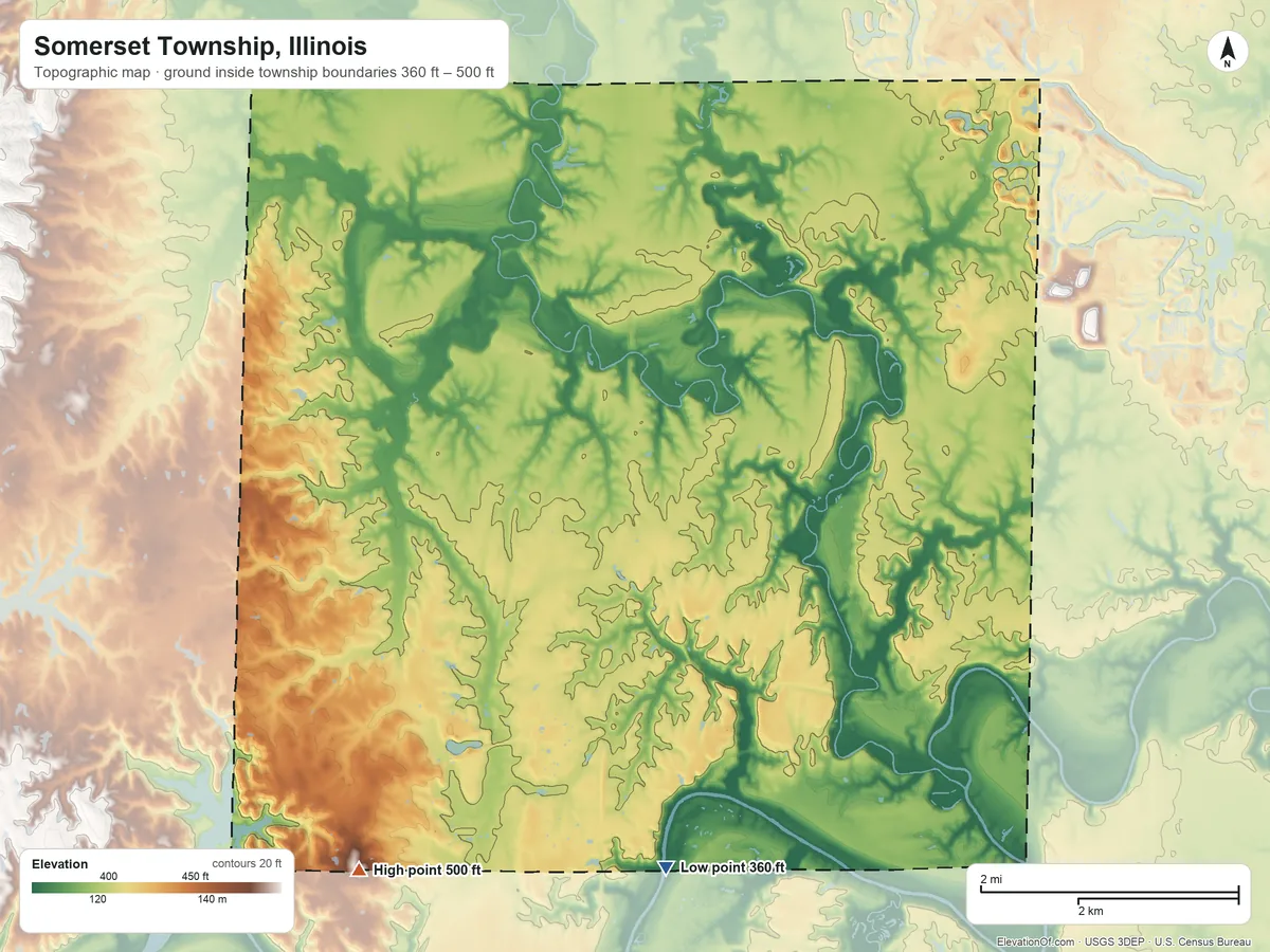 Topographic elevation map of Somerset Township, Illinois, shaded from 360 ft on the southeast side to 500 ft on the southwest side