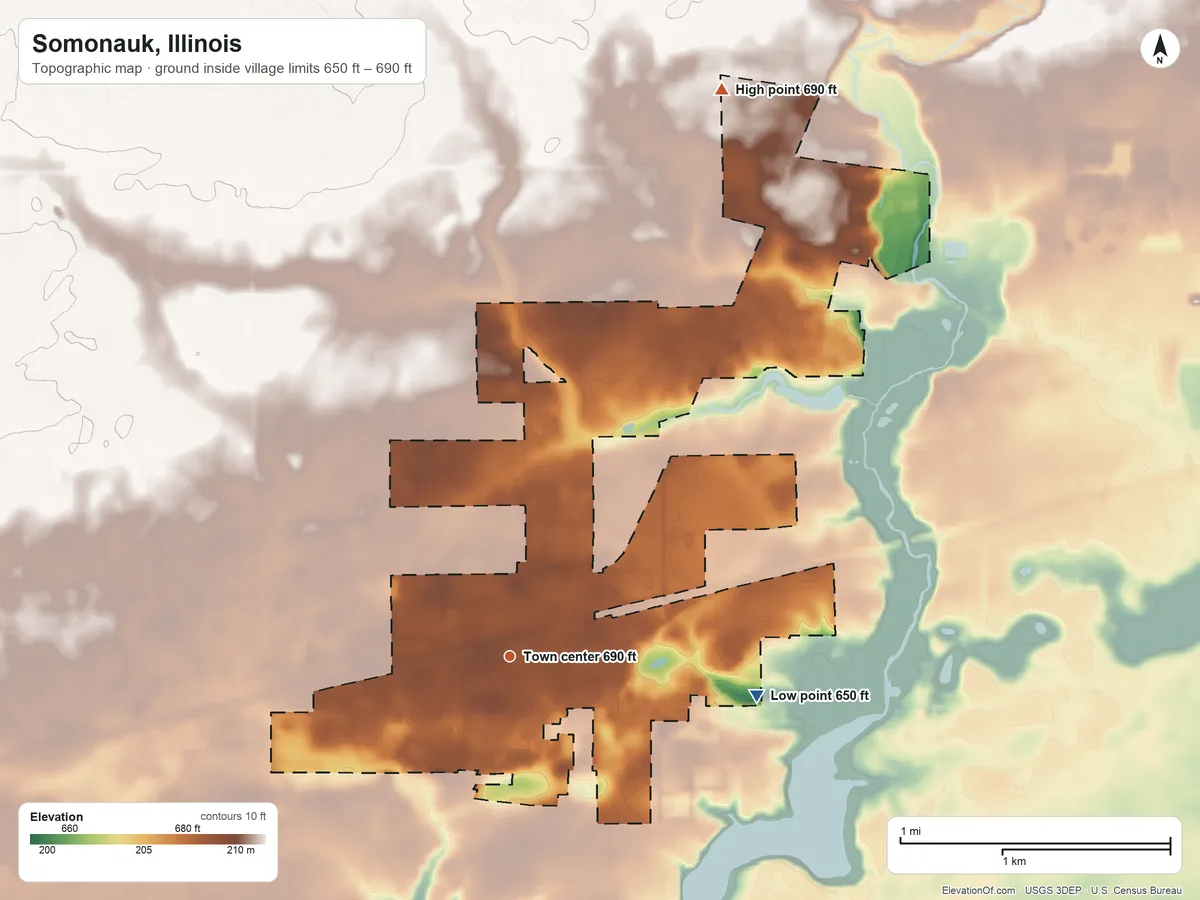 Topographic elevation map of Somonauk, Illinois, shaded from 650 ft on the east side to 690 ft on the north side