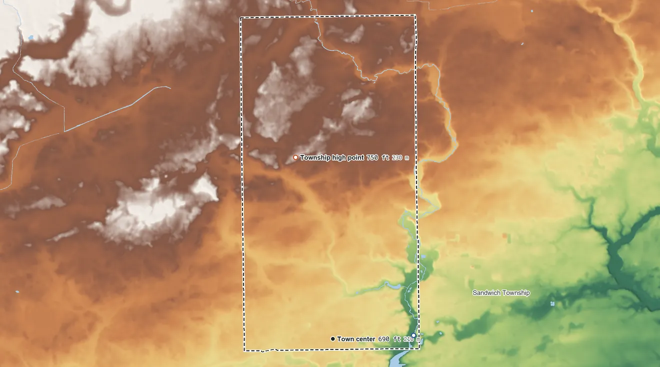 Topographic elevation map of Somonauk Township, Illinois, shaded from 640 ft on the east side to 750 ft on the north side