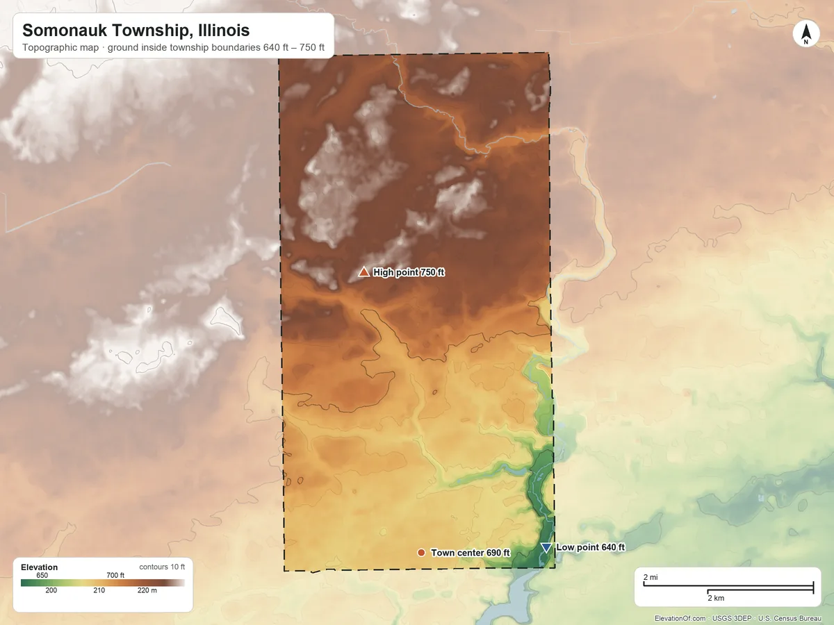 Topographic elevation map of Somonauk Township, Illinois, shaded from 640 ft on the east side to 750 ft on the north side