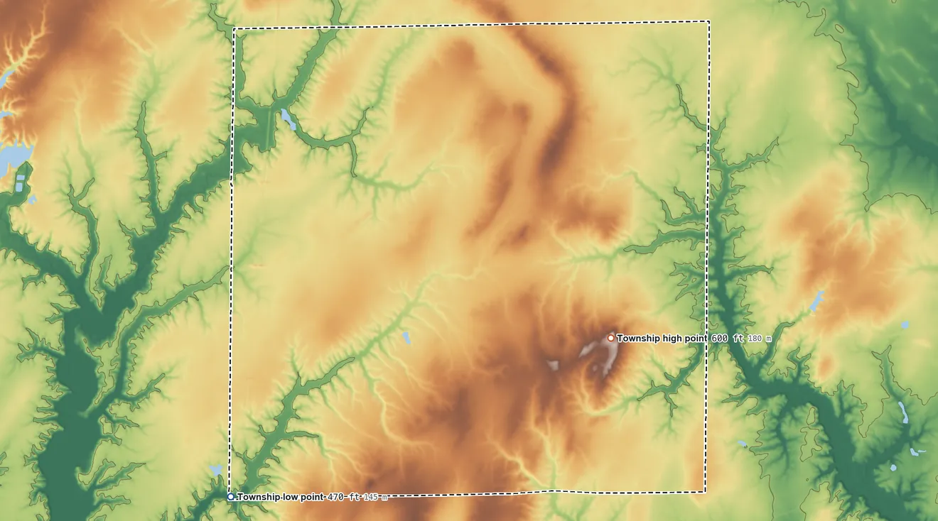 Topographic elevation map of Songer Township, Illinois, shaded from 470 ft on the southwest side to 600 ft on the east side
