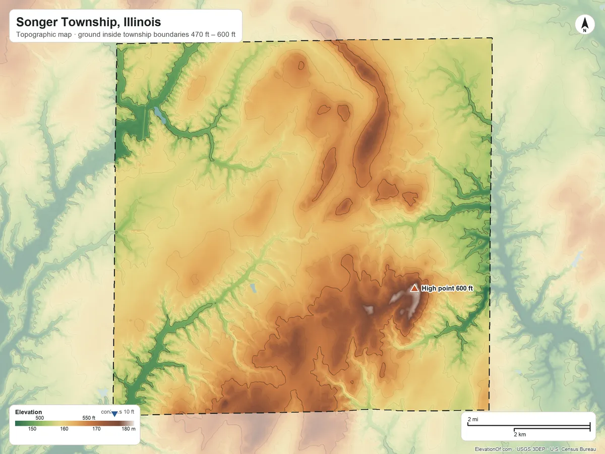 Topographic elevation map of Songer Township, Illinois, shaded from 470 ft on the southwest side to 600 ft on the east side