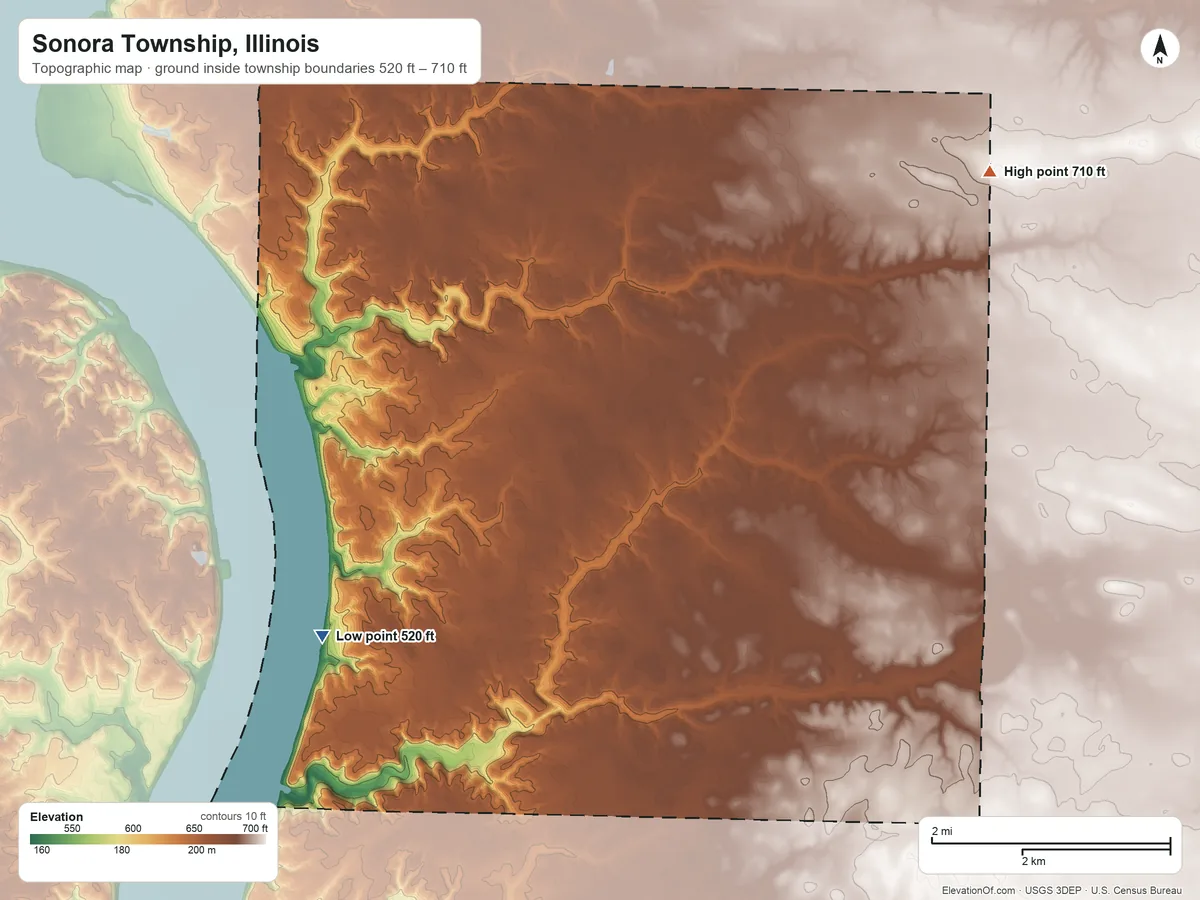 Topographic elevation map of Sonora Township, Illinois, shaded from 520 ft on the southwest side to 710 ft on the northeast side