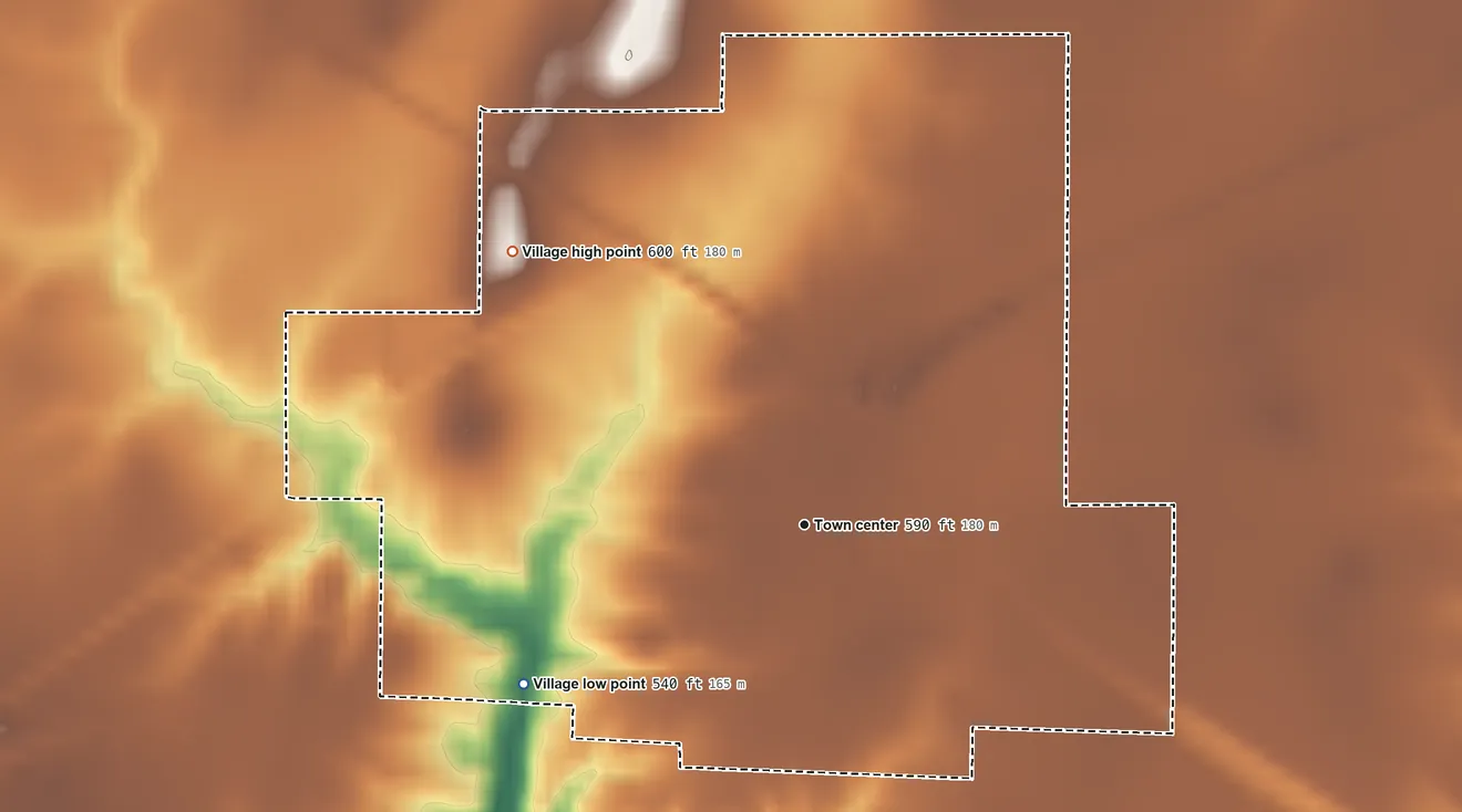 Topographic elevation map of Sorento, Illinois, shaded from 540 ft on the southwest side to 600 ft on the northwest side