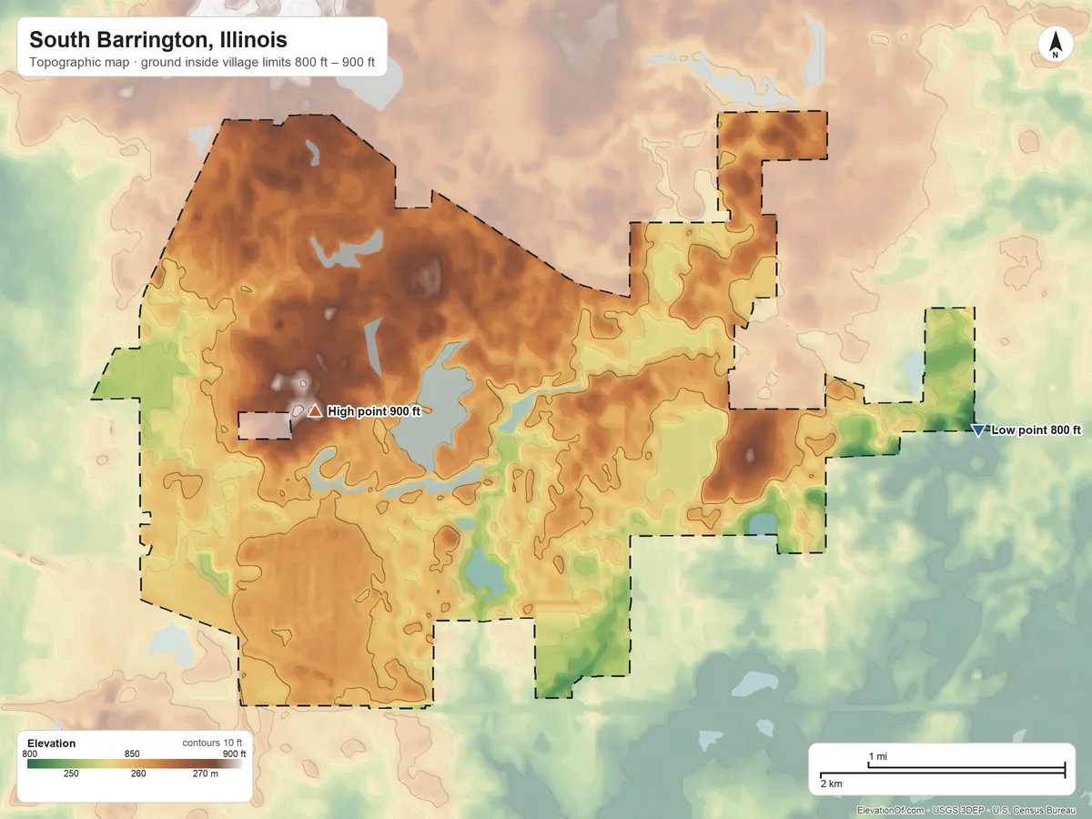 Topographic elevation map of South Barrington, Illinois, shaded from 800 ft on the east side to 900 ft near the middle