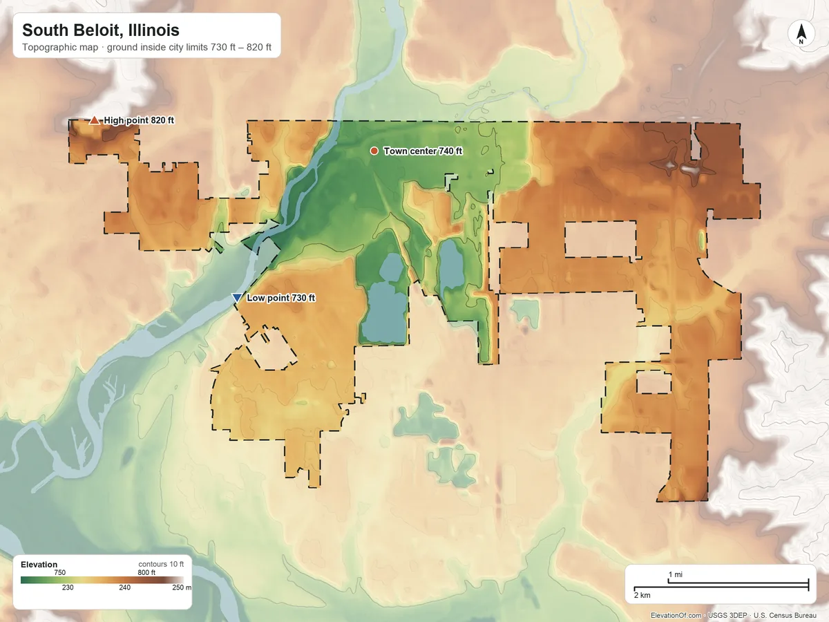 Topographic elevation map of South Beloit, Illinois, shaded from 730 ft on the southwest side to 820 ft on the west side