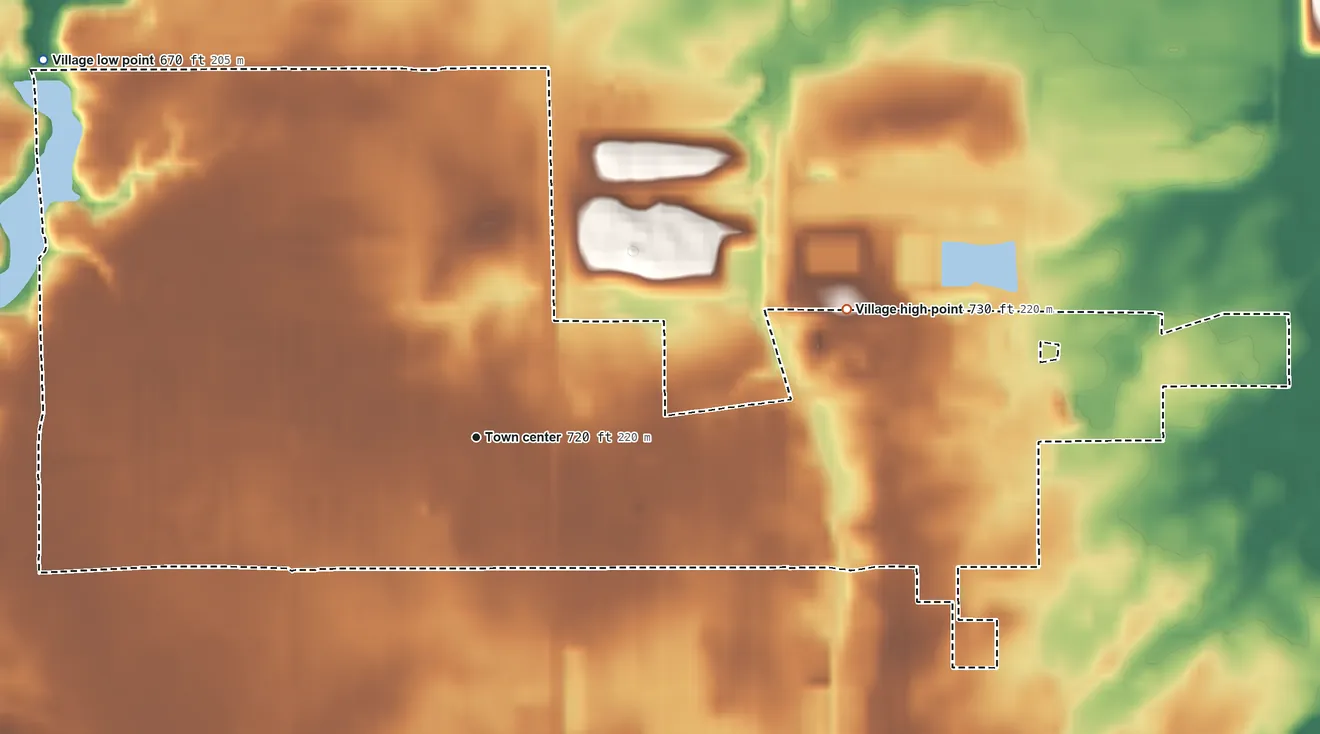 Topographic elevation map of South Chicago Heights, Illinois, shaded from 670 ft on the northwest side to 730 ft on the east side