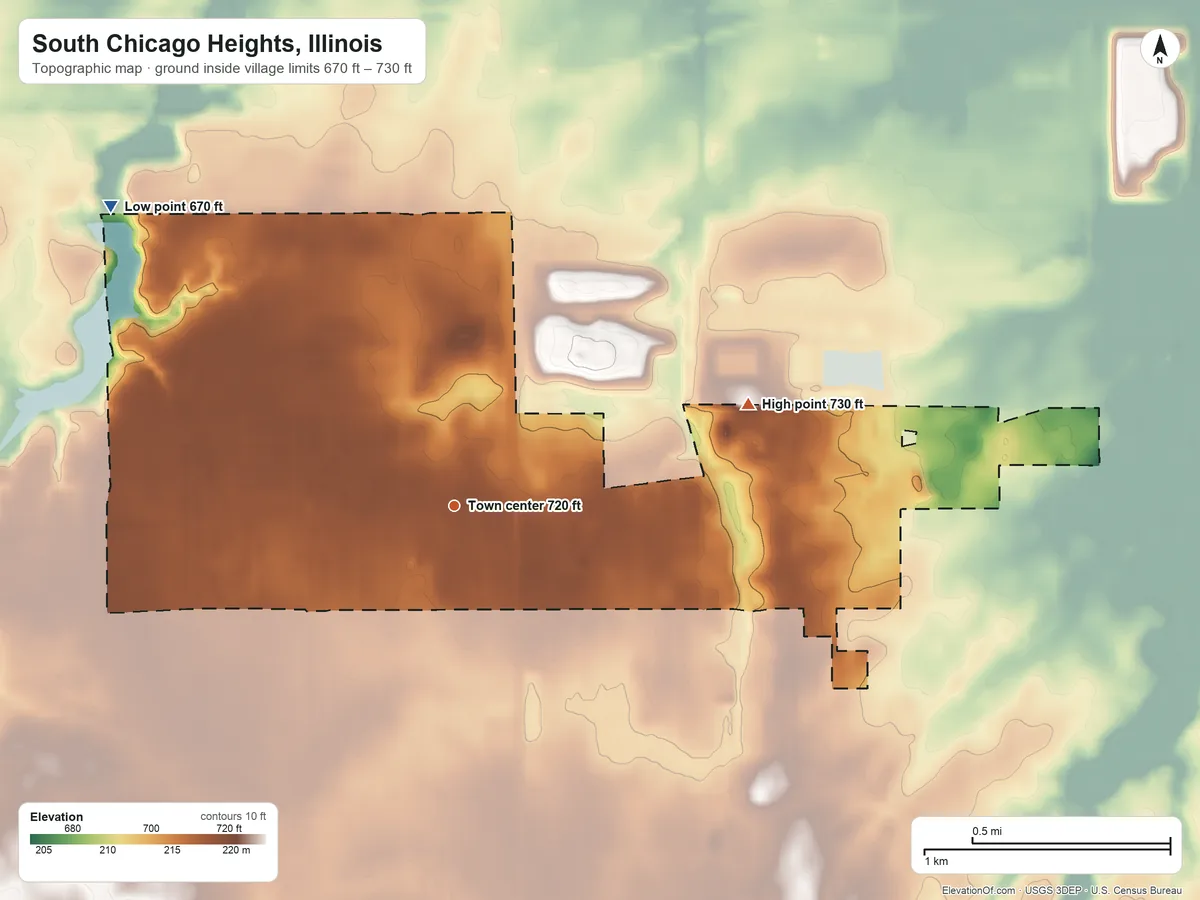Topographic elevation map of South Chicago Heights, Illinois, shaded from 670 ft on the northwest side to 730 ft on the east side