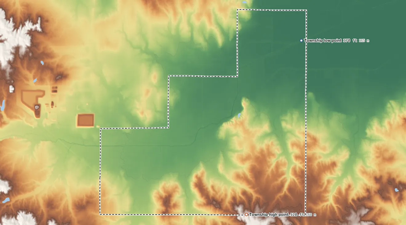 Topographic elevation map of South Crouch Township, Illinois, shaded from 370 ft on the northeast side to 520 ft on the southeast side