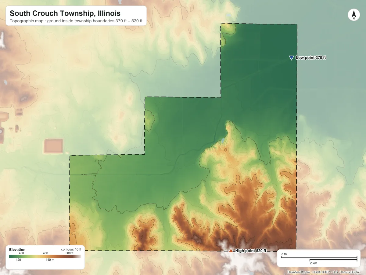 Topographic elevation map of South Crouch Township, Illinois, shaded from 370 ft on the northeast side to 520 ft on the southeast side
