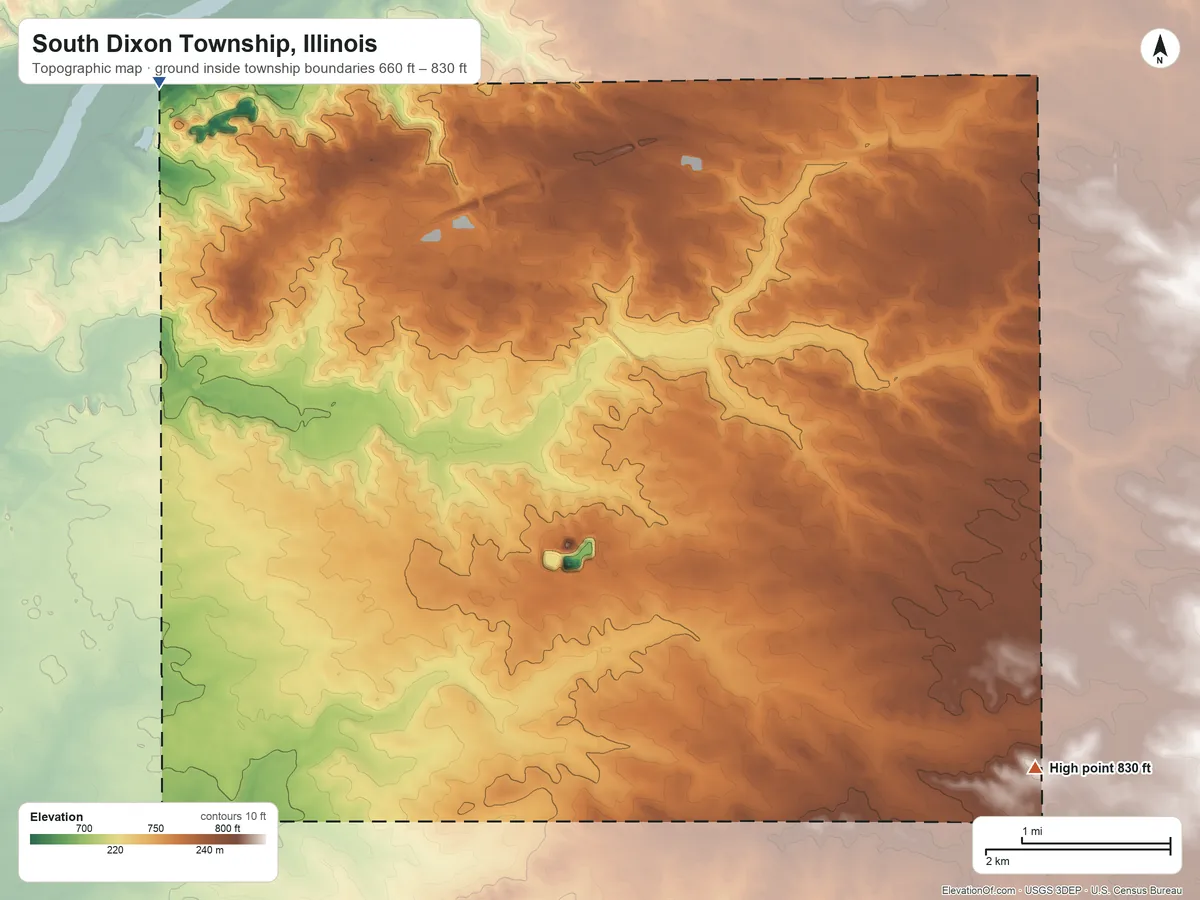 Topographic elevation map of South Dixon Township, Illinois, shaded from 660 ft on the northwest side to 830 ft on the southeast side