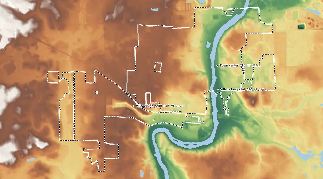 Topographic elevation map of South Elgin, Illinois, shaded from 690 ft near the middle to 840 ft on the southwest side