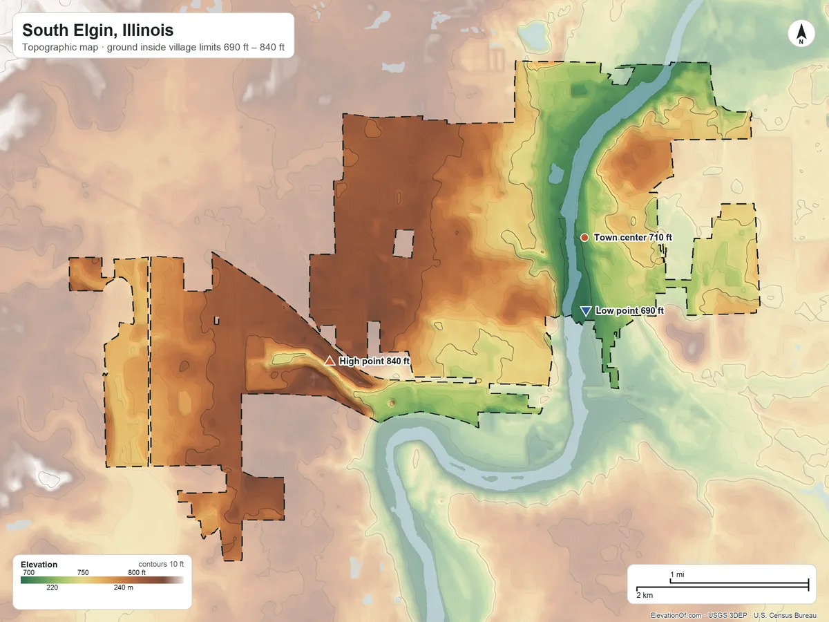 Topographic elevation map of South Elgin, Illinois, shaded from 690 ft near the middle to 840 ft on the southwest side
