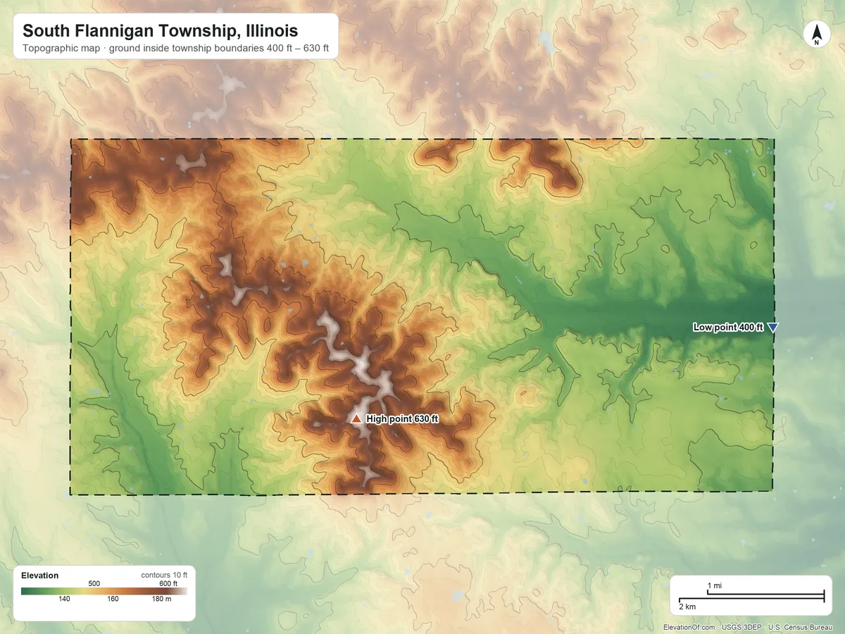 Topographic elevation map of South Flannigan Township, Illinois, shaded from 400 ft on the east side to 630 ft on the southeast side