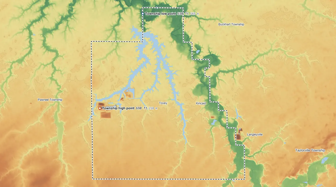 Topographic elevation map of South Fork Township, Illinois, shaded from 530 ft on the northwest side to 690 ft on the west side