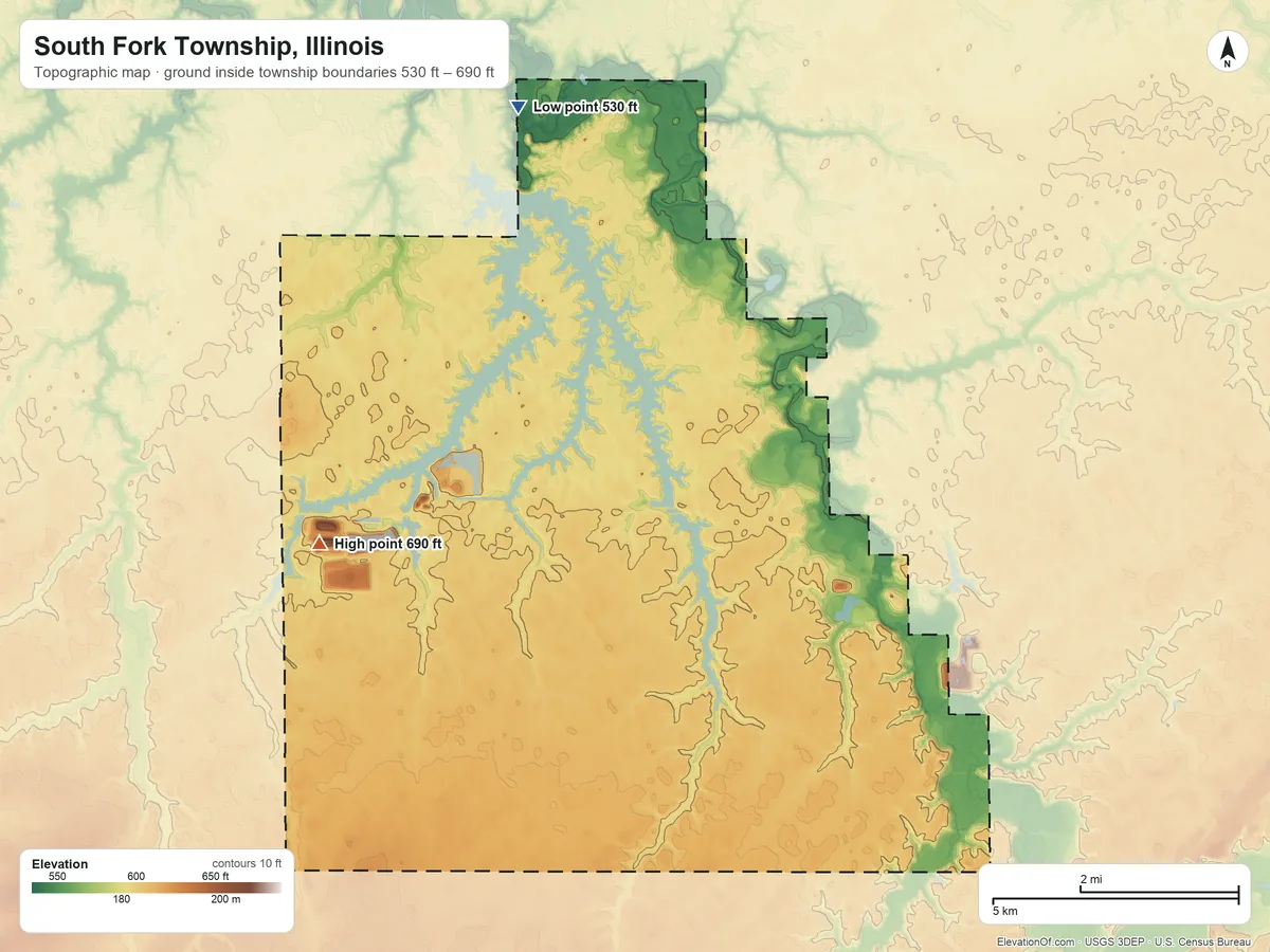 Topographic elevation map of South Fork Township, Illinois, shaded from 530 ft on the northwest side to 690 ft on the west side