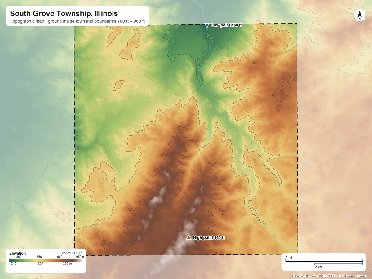 Topographic elevation map of South Grove Township, Illinois, shaded from 780 ft on the north side to 960 ft on the south side
