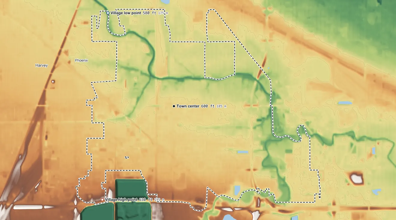 Topographic elevation map of South Holland, Illinois, shaded from 580 ft on the northwest side to 630 ft on the southwest side