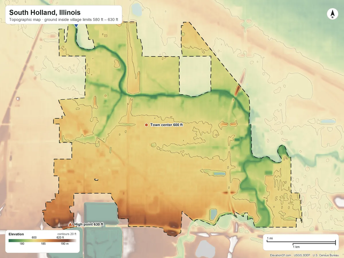 Topographic elevation map of South Holland, Illinois, shaded from 580 ft on the northwest side to 630 ft on the southwest side