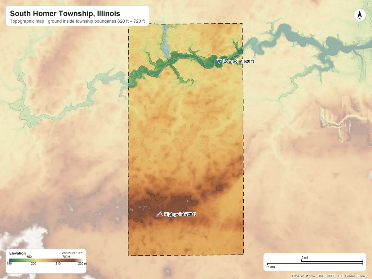 Topographic elevation map of South Homer Township, Illinois, shaded from 620 ft on the north side to 720 ft on the south side