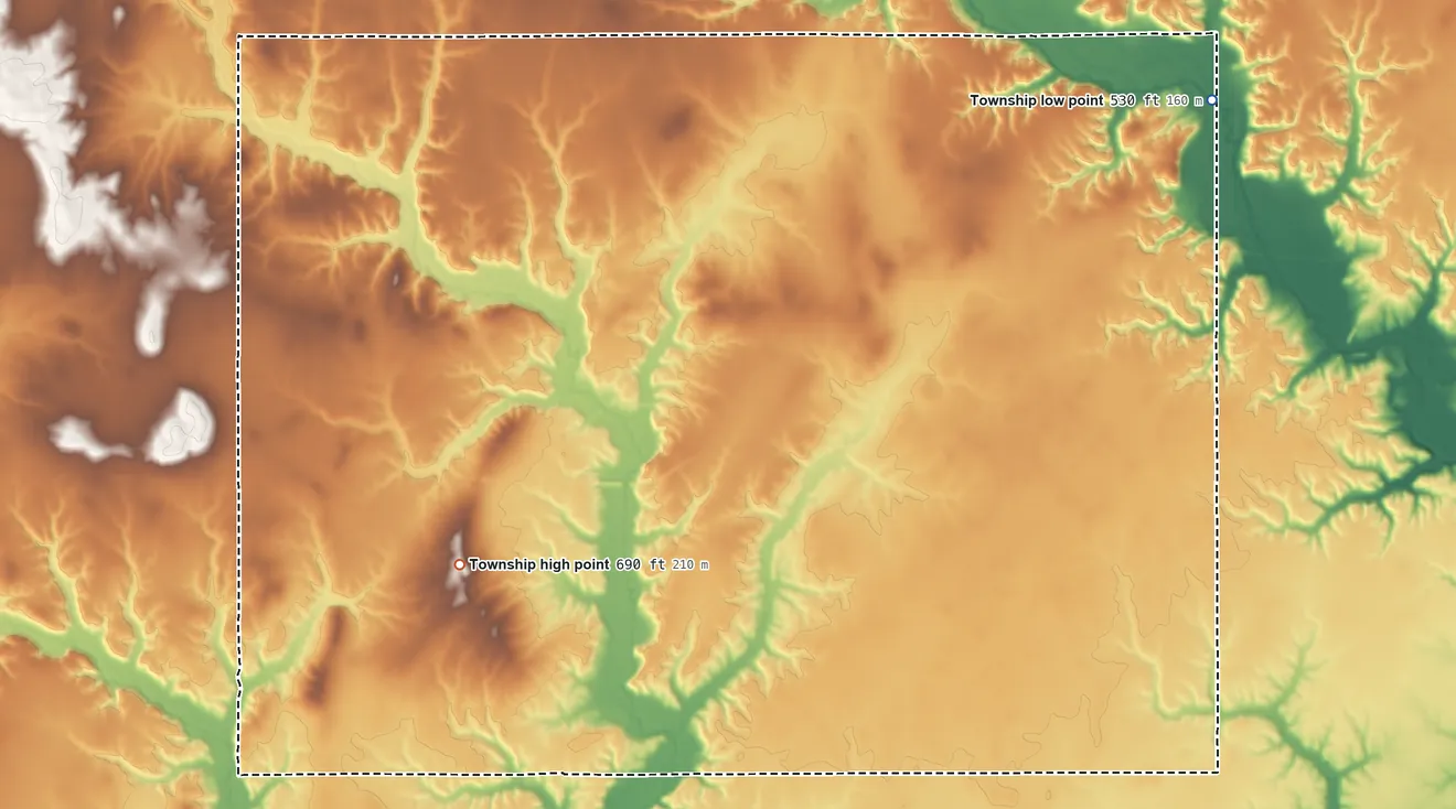 Topographic elevation map of South Hurricane Township, Illinois, shaded from 530 ft on the northeast side to 690 ft on the southwest side
