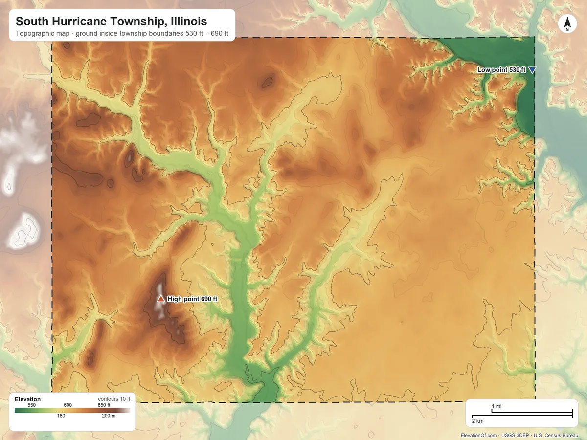 Topographic elevation map of South Hurricane Township, Illinois, shaded from 530 ft on the northeast side to 690 ft on the southwest side