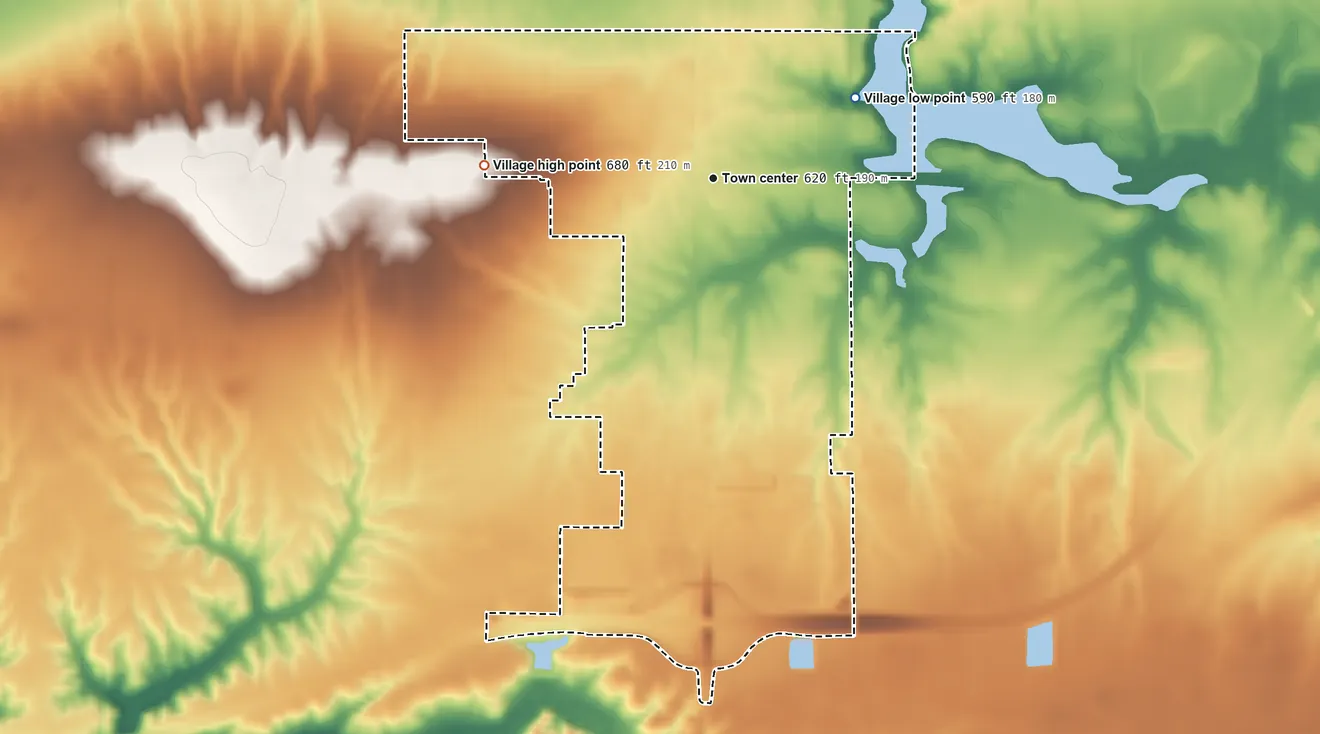 Topographic elevation map of South Jacksonville, Illinois, shaded from 590 ft on the northeast side to 680 ft on the west side