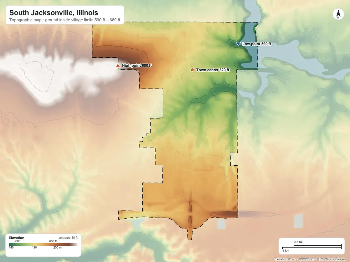 Topographic elevation map of South Jacksonville, Illinois, shaded from 590 ft on the northeast side to 680 ft on the west side