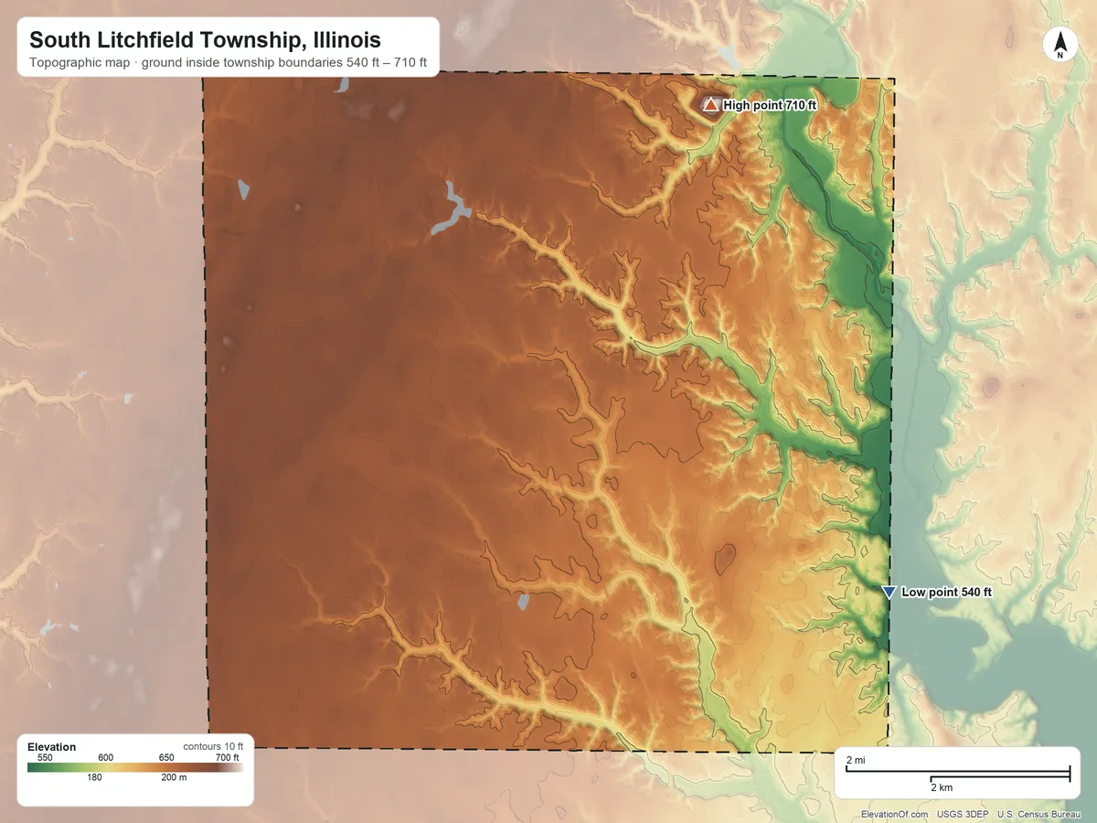 Topographic elevation map of South Litchfield Township, Illinois, shaded from 540 ft on the southeast side to 710 ft on the east side