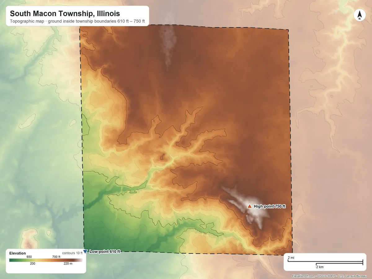 Topographic elevation map of South Macon Township, Illinois, shaded from 610 ft on the southwest side to 750 ft on the southeast side