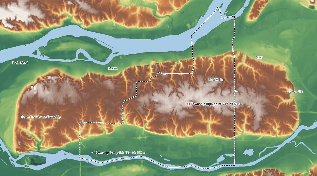 Topographic elevation map of South Moline Township, Illinois, shaded from 560 ft on the southwest side to 710 ft near the middle