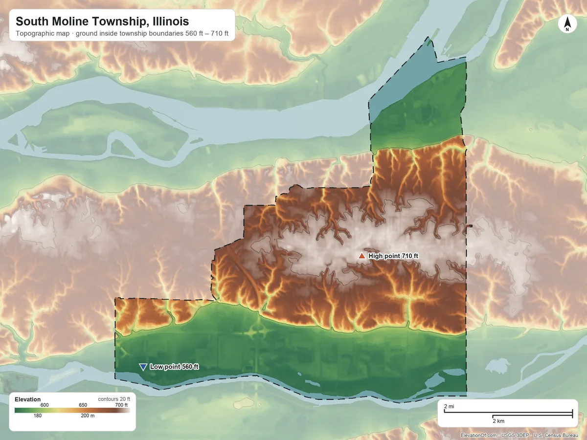 Topographic elevation map of South Moline Township, Illinois, shaded from 560 ft on the southwest side to 710 ft near the middle
