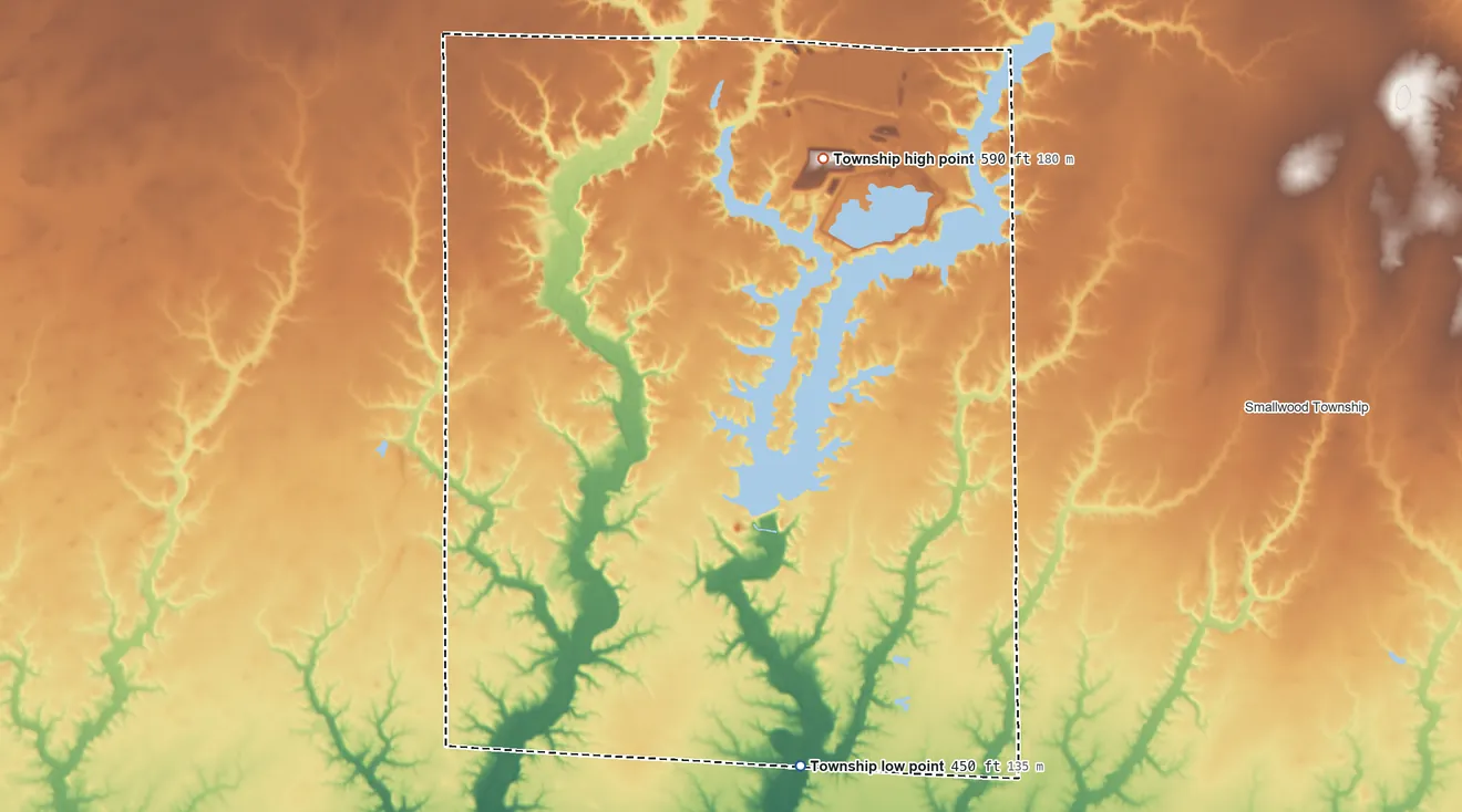 Topographic elevation map of South Muddy Township, Illinois, shaded from 450 ft on the southeast side to 590 ft on the north side