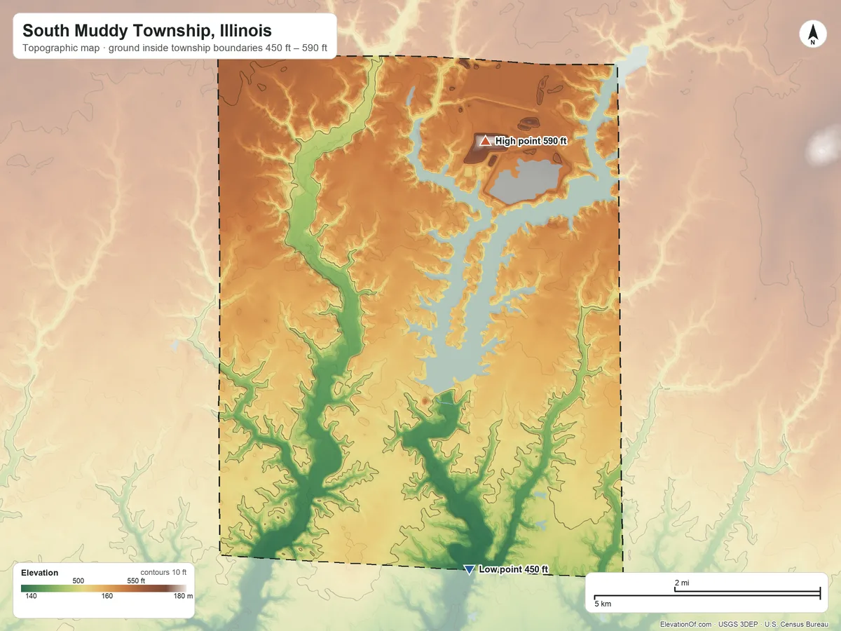 Topographic elevation map of South Muddy Township, Illinois, shaded from 450 ft on the southeast side to 590 ft on the north side