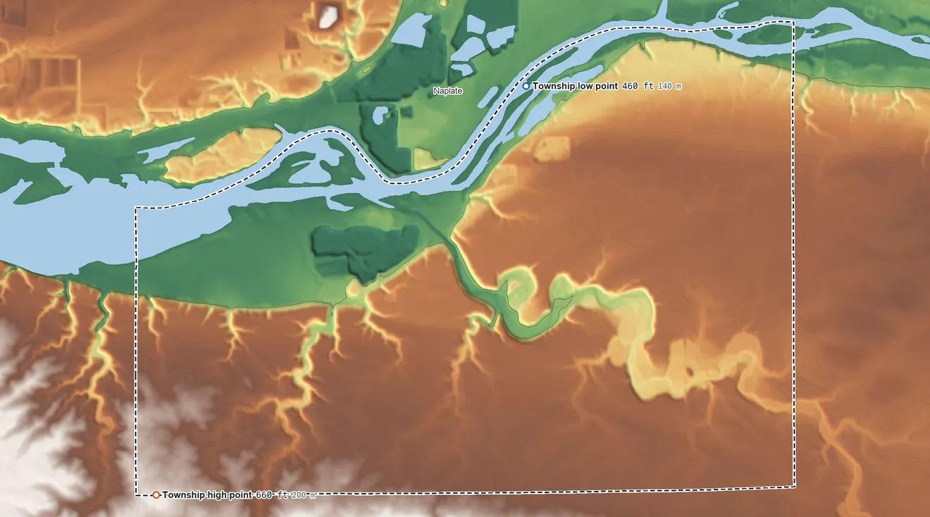 Topographic elevation map of South Ottawa Township, Illinois, shaded from 460 ft on the west side to 660 ft on the southwest side