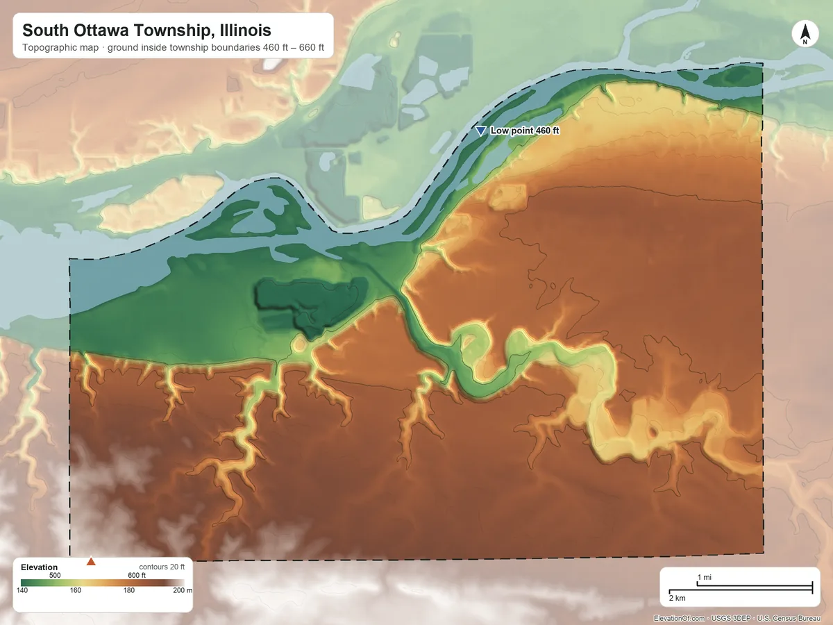 Topographic elevation map of South Ottawa Township, Illinois, shaded from 460 ft on the west side to 660 ft on the southwest side