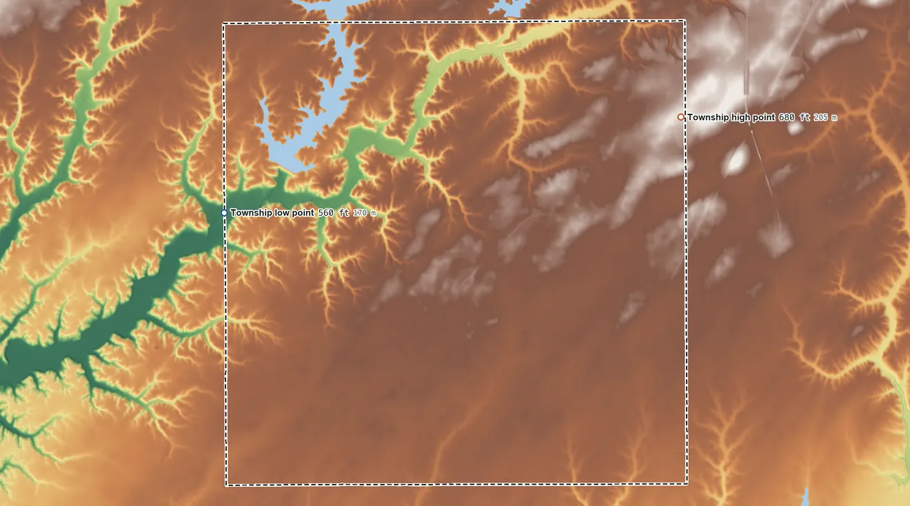 Topographic elevation map of South Otter Township, Illinois, shaded from 560 ft on the west side to 680 ft on the east side