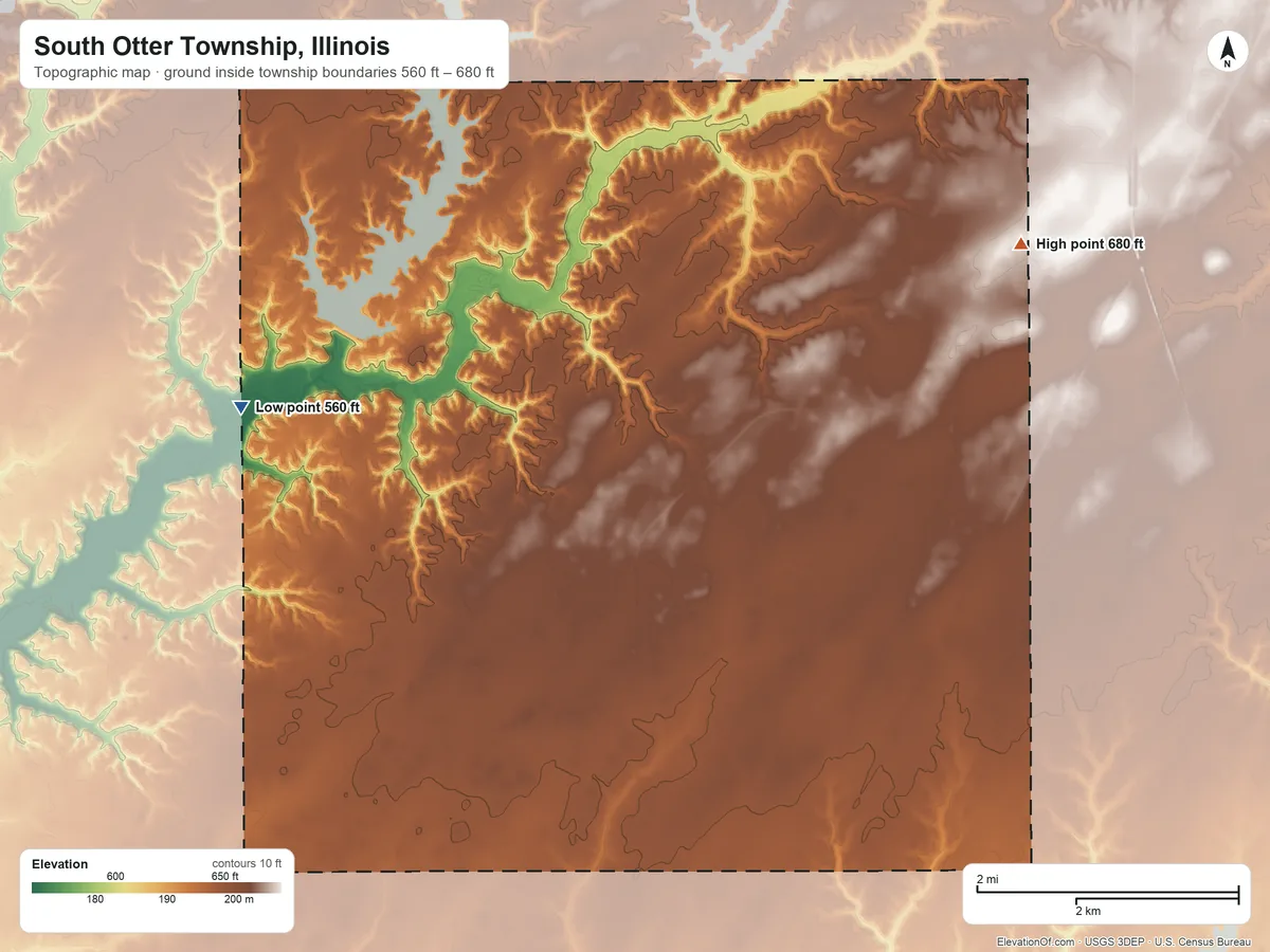 Topographic elevation map of South Otter Township, Illinois, shaded from 560 ft on the west side to 680 ft on the east side