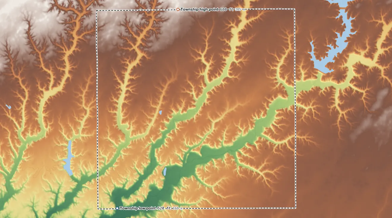Topographic elevation map of South Palmyra Township, Illinois, shaded from 520 ft on the southwest side to 680 ft on the north side