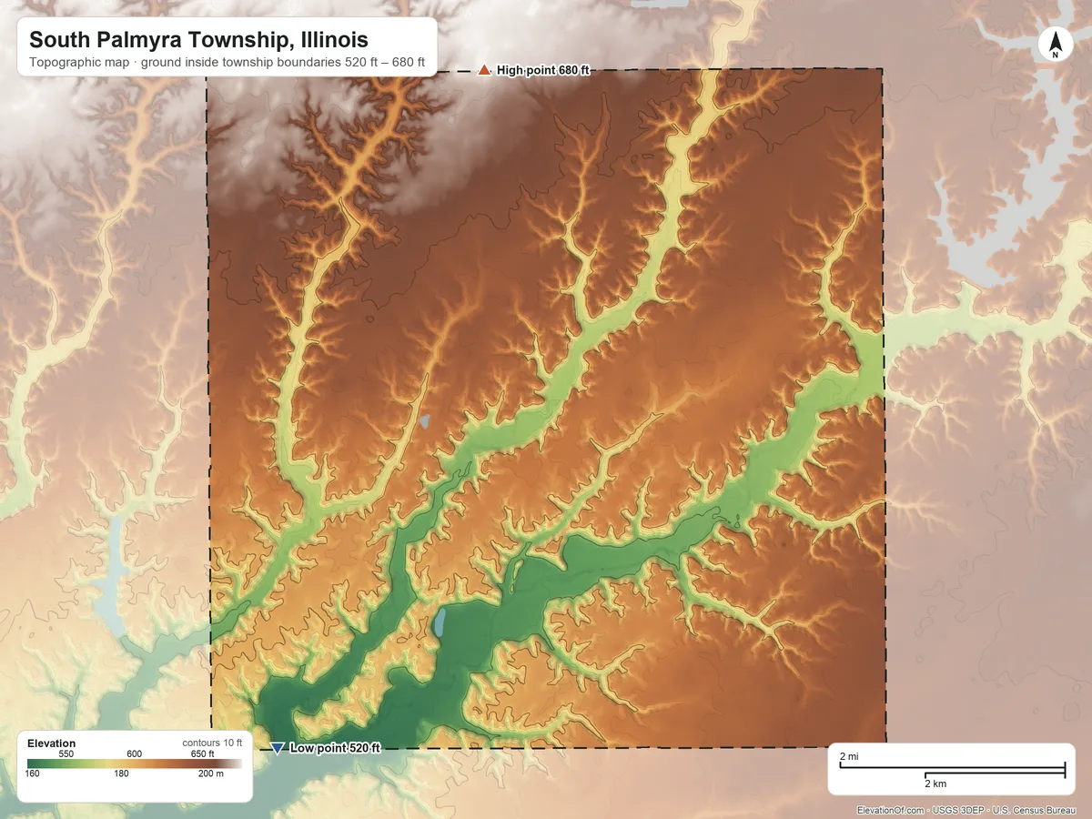 Topographic elevation map of South Palmyra Township, Illinois, shaded from 520 ft on the southwest side to 680 ft on the north side