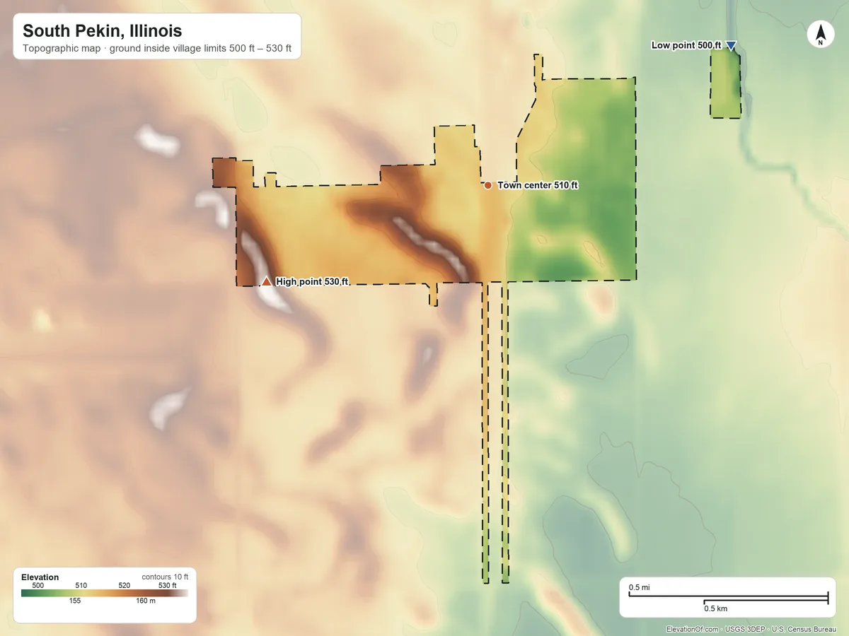 Topographic elevation map of South Pekin, Illinois, shaded from 500 ft on the northeast side to 530 ft on the southwest side