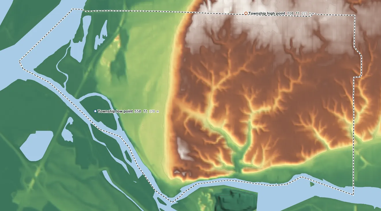 Topographic elevation map of South Rock Island Township, Illinois, shaded from 550 ft on the west side to 710 ft on the north side