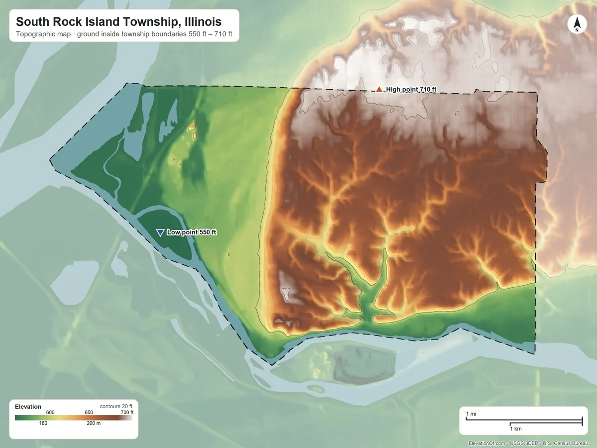 Topographic elevation map of South Rock Island Township, Illinois, shaded from 550 ft on the west side to 710 ft on the north side