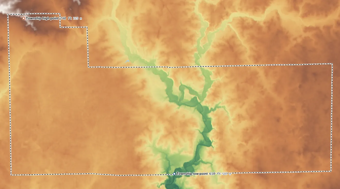 Topographic elevation map of South Ross Township, Illinois, shaded from 610 ft on the south side to 740 ft on the northwest side