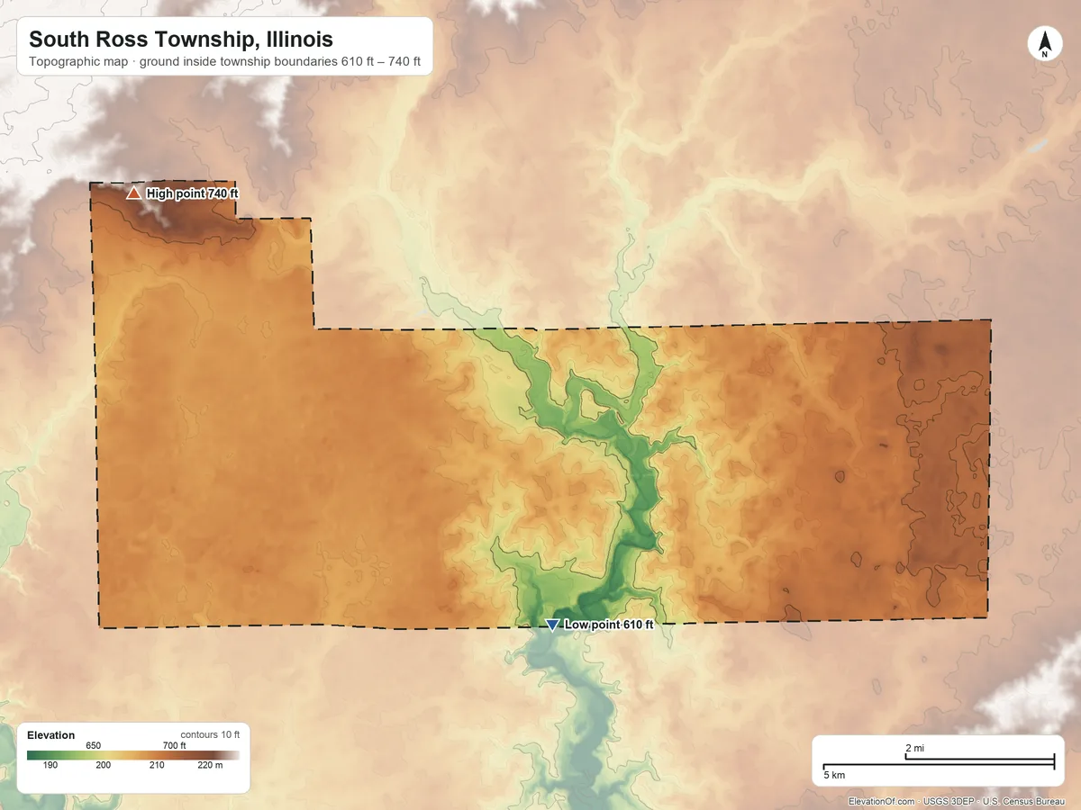 Topographic elevation map of South Ross Township, Illinois, shaded from 610 ft on the south side to 740 ft on the northwest side