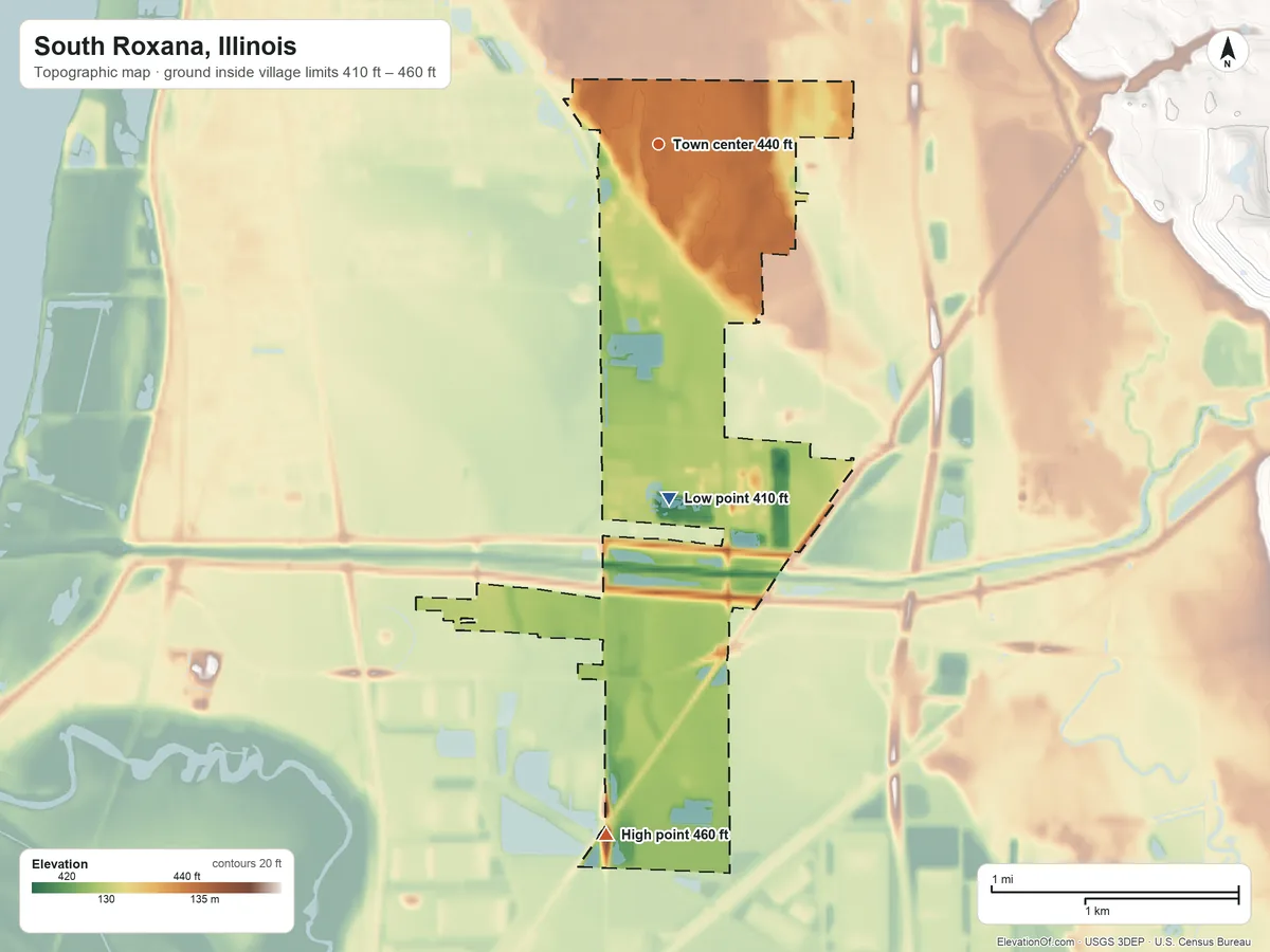 Topographic elevation map of South Roxana, Illinois, shaded from 410 ft on the south side to 460 ft on the south side