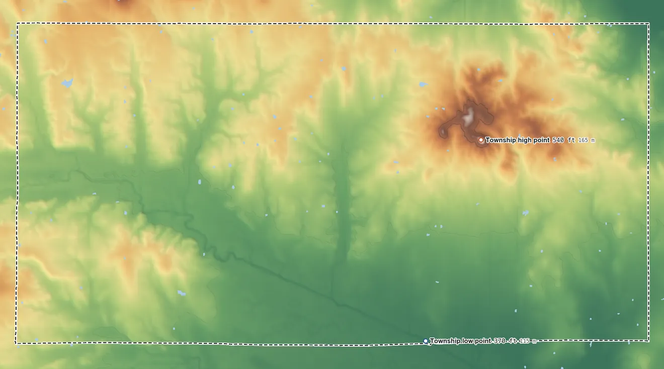 Topographic elevation map of South Twigg Township, Illinois, shaded from 370 ft on the southeast side to 540 ft on the east side
