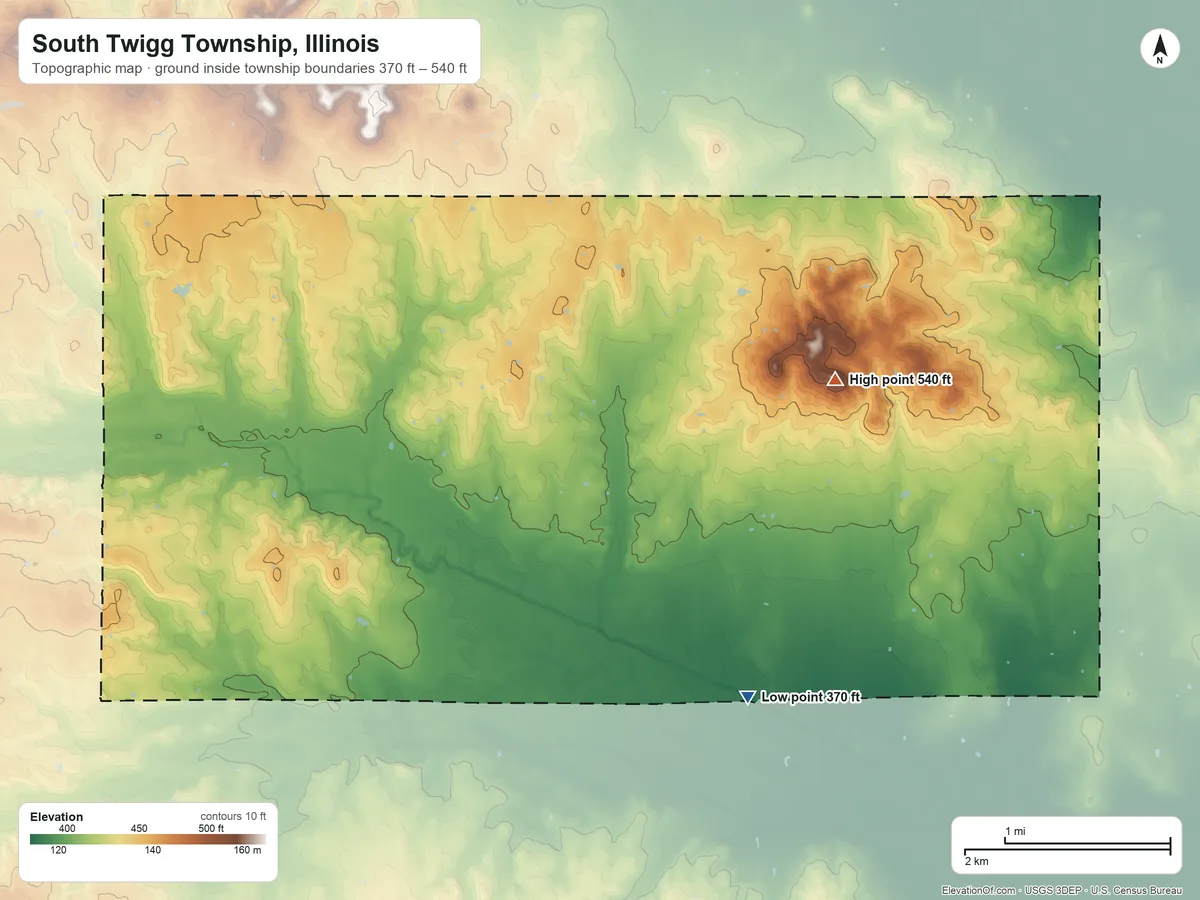 Topographic elevation map of South Twigg Township, Illinois, shaded from 370 ft on the southeast side to 540 ft on the east side